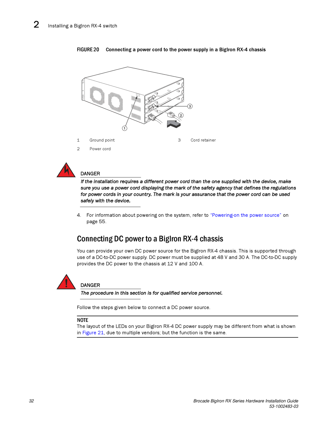 Brocade Communications Systems S3-1002483-03 manual Connecting DC power to a BigIron RX-4 chassis 