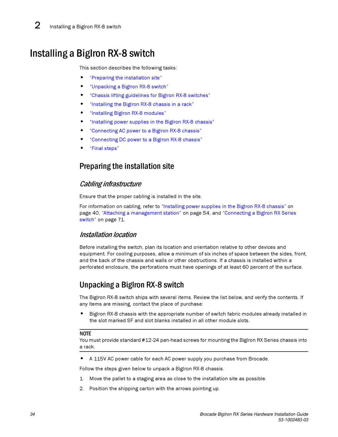 Brocade Communications Systems S3-1002483-03 manual Installing a BigIron RX-8 switch, Unpacking a BigIron RX-8 switch 