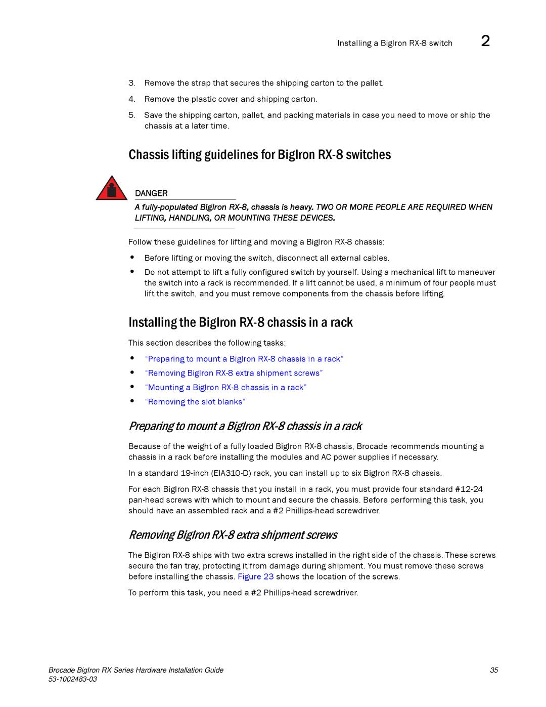 Brocade Communications Systems S3-1002483-03 manual Chassis lifting guidelines for BigIron RX-8 switches 