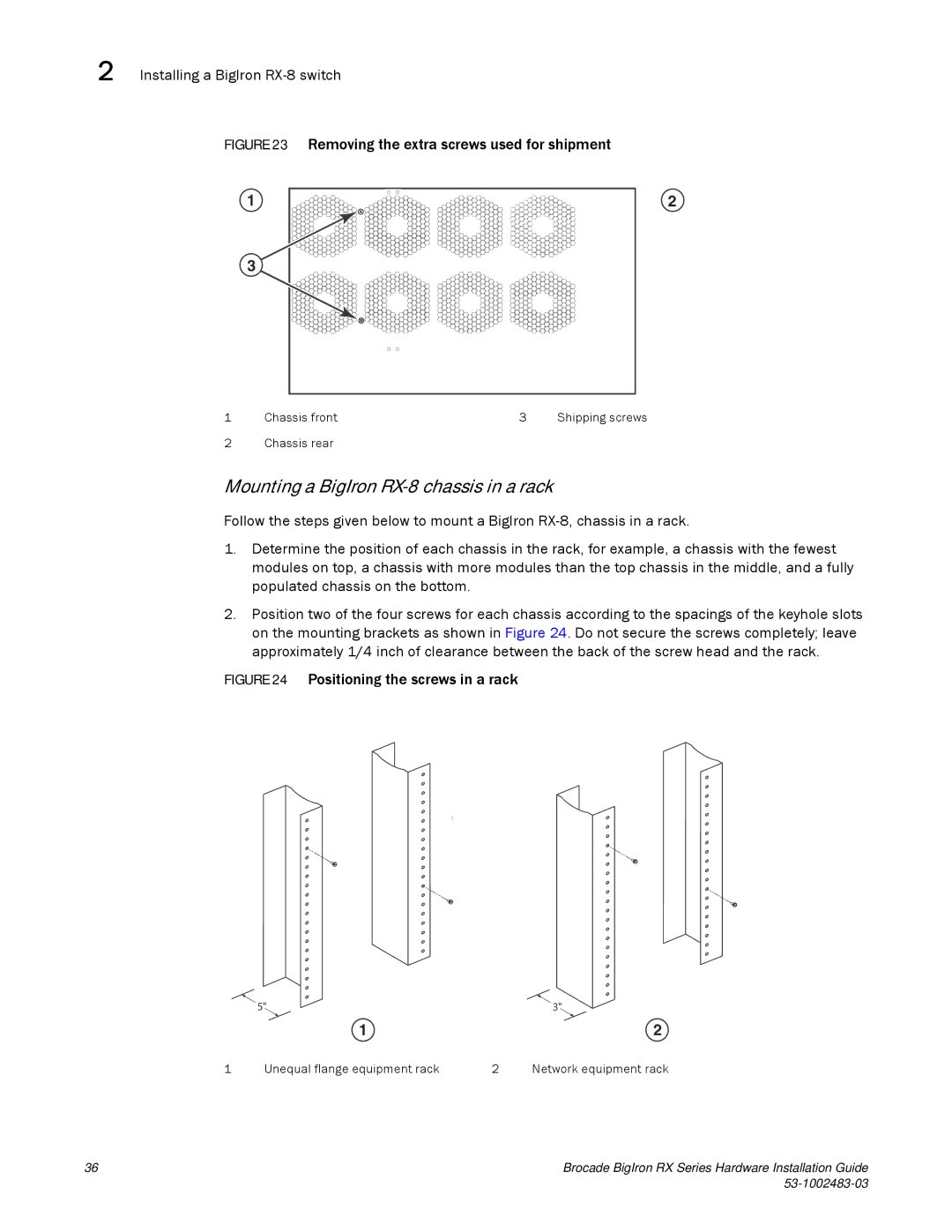 Brocade Communications Systems S3-1002483-03 manual Mounting a BigIron RX-8 chassis in a rack 