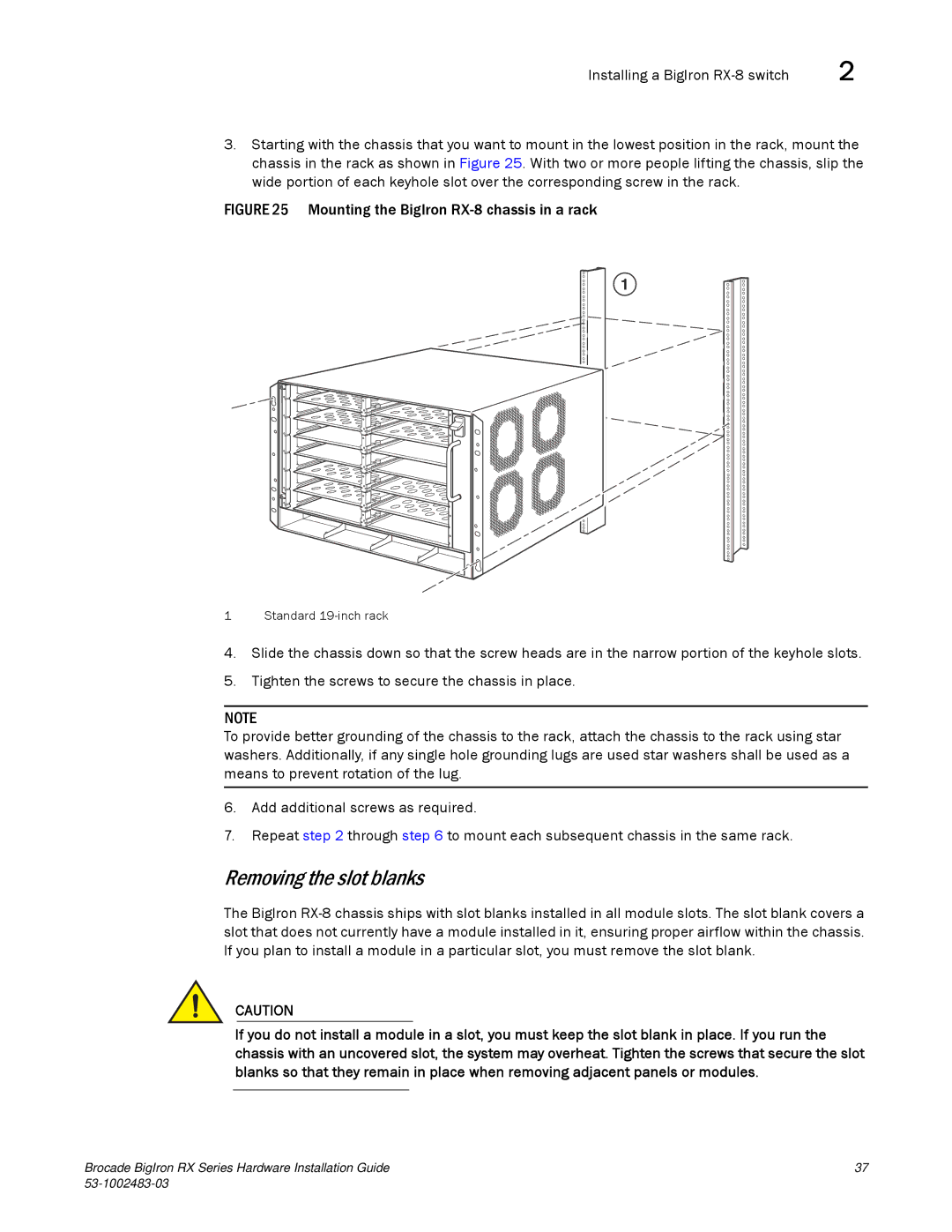 Brocade Communications Systems S3-1002483-03 manual Mounting the BigIron RX-8 chassis in a rack 