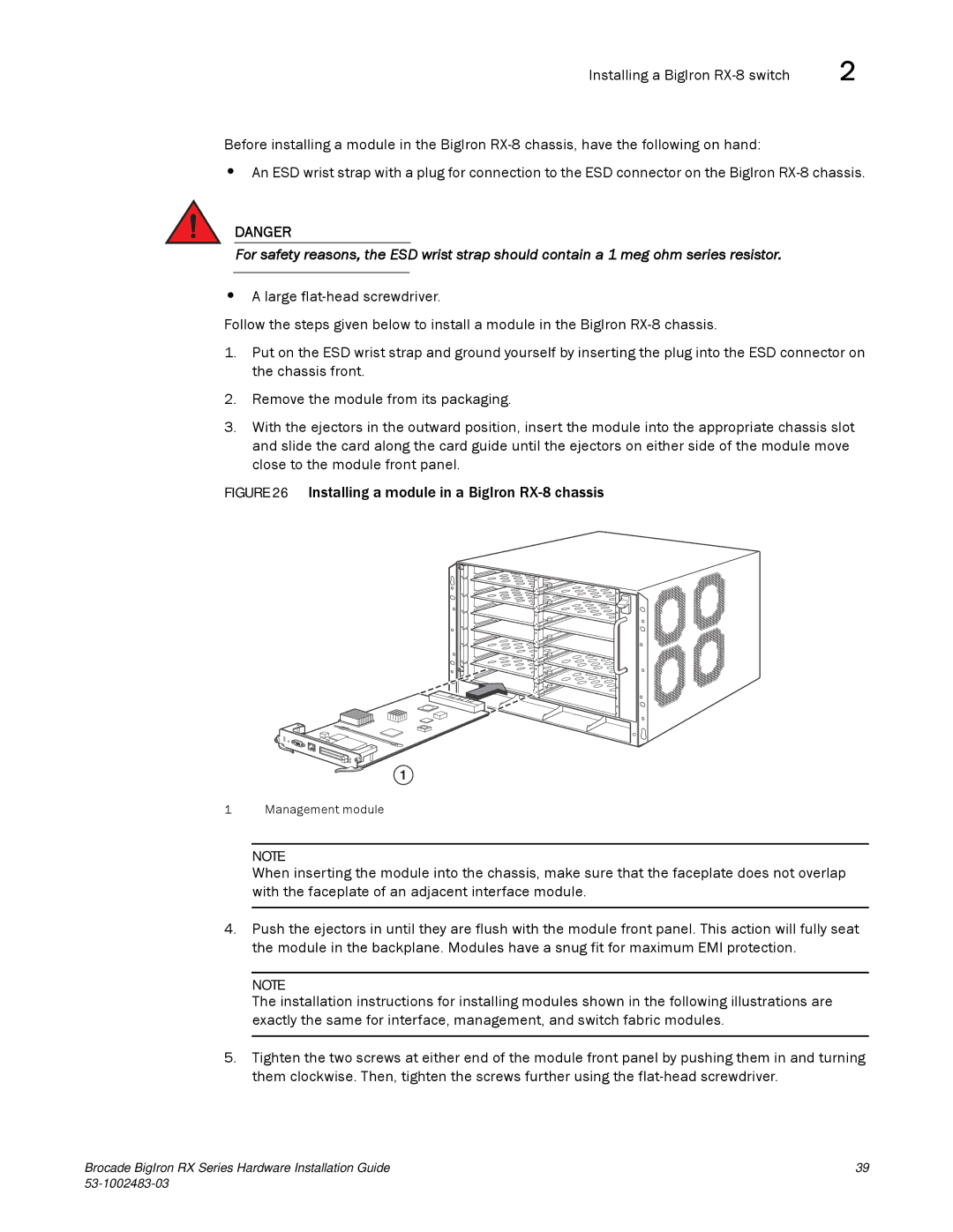 Brocade Communications Systems S3-1002483-03 manual Installing a module in a BigIron RX-8 chassis 