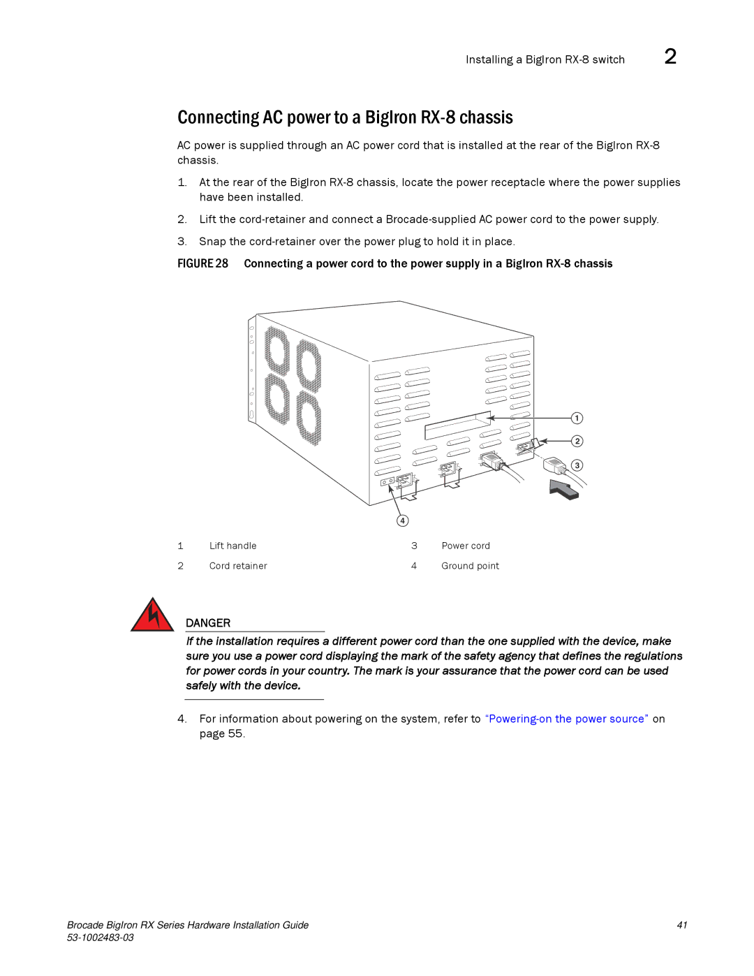 Brocade Communications Systems S3-1002483-03 manual Connecting AC power to a BigIron RX-8 chassis 