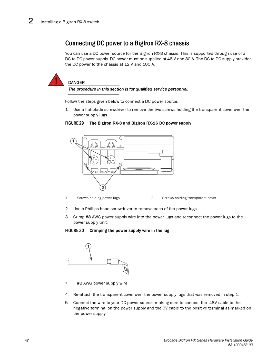 Brocade Communications Systems S3-1002483-03 manual Connecting DC power to a BigIron RX-8 chassis 