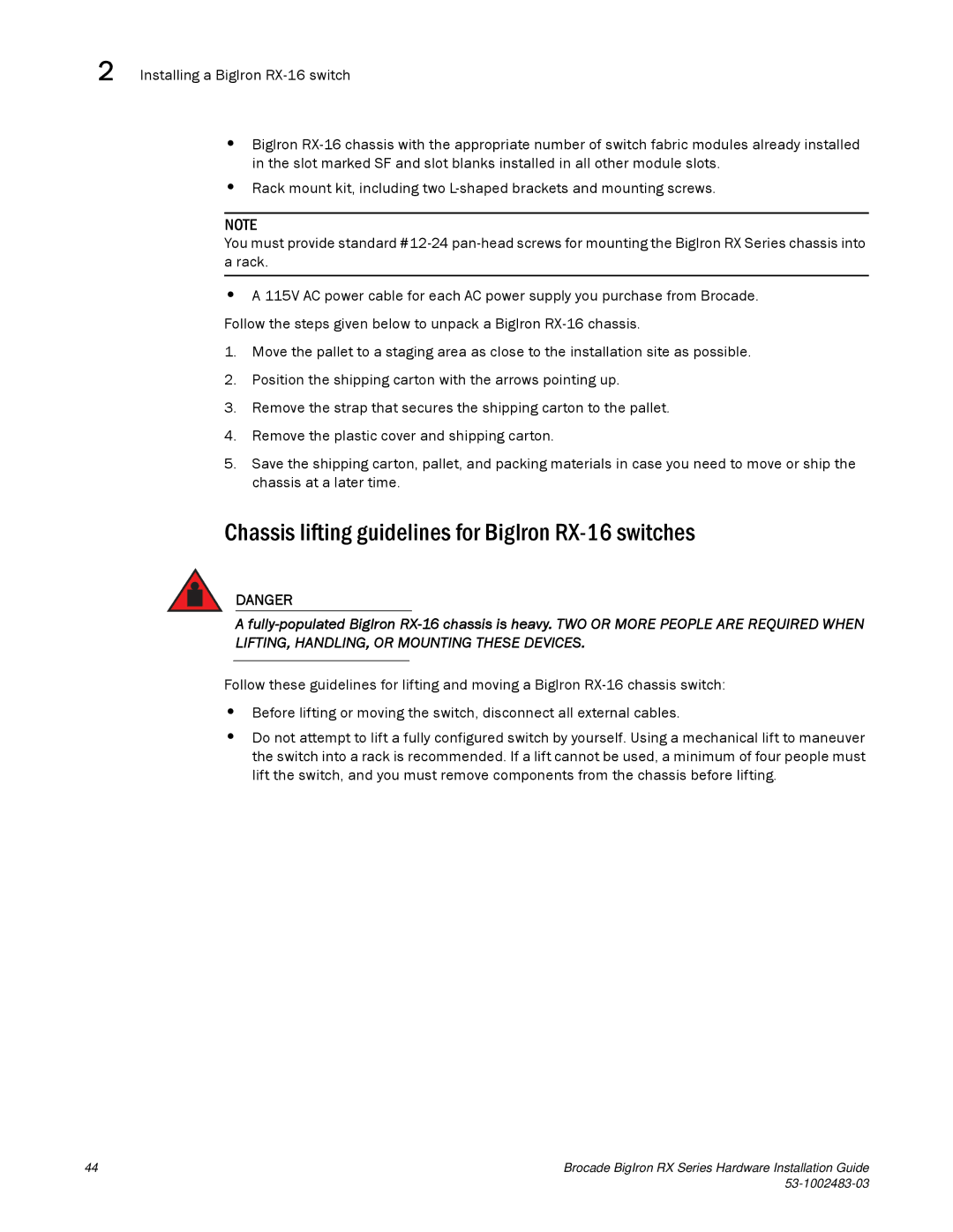 Brocade Communications Systems S3-1002483-03 manual Chassis lifting guidelines for BigIron RX-16 switches 