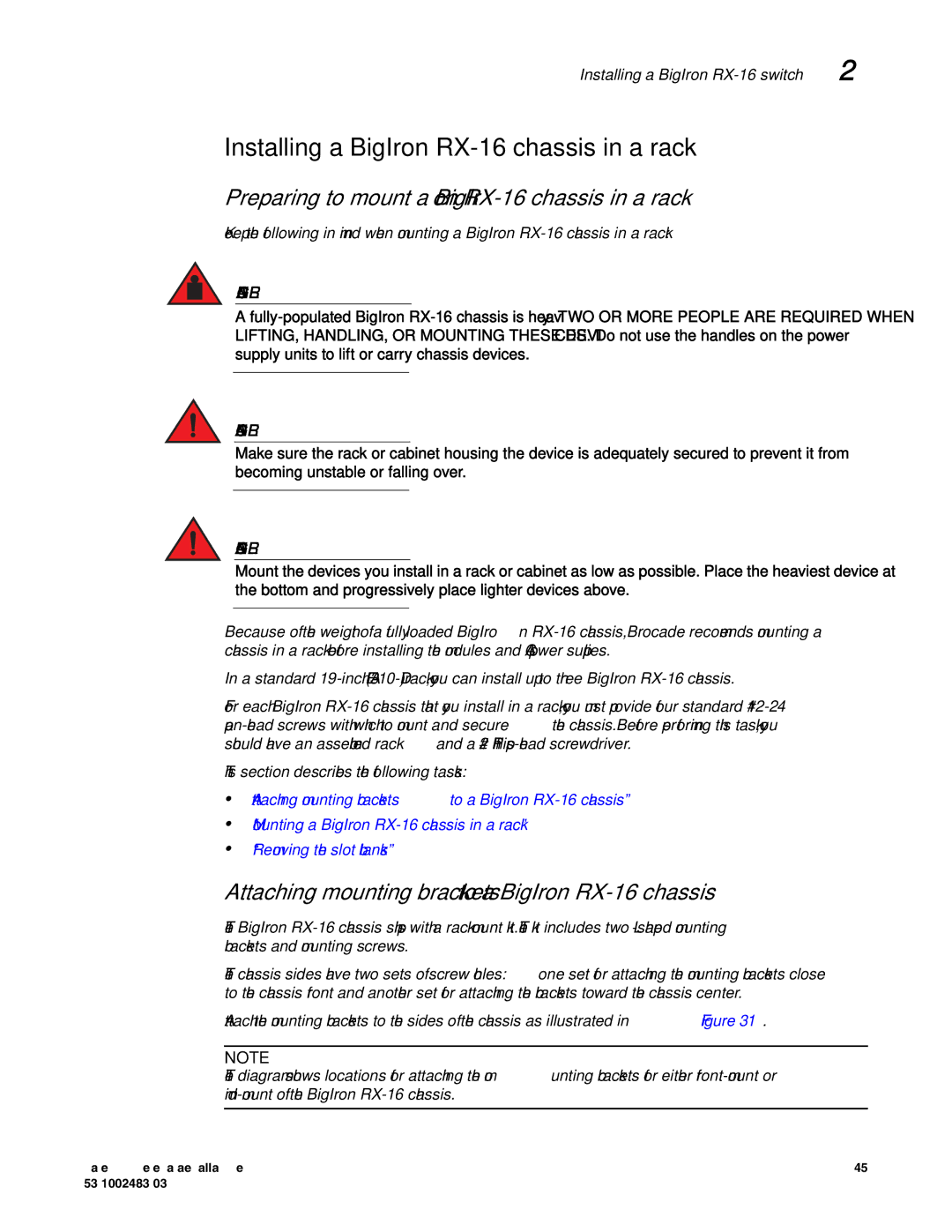 Brocade Communications Systems S3-1002483-03 manual Installing a BigIron RX-16 chassis in a rack 
