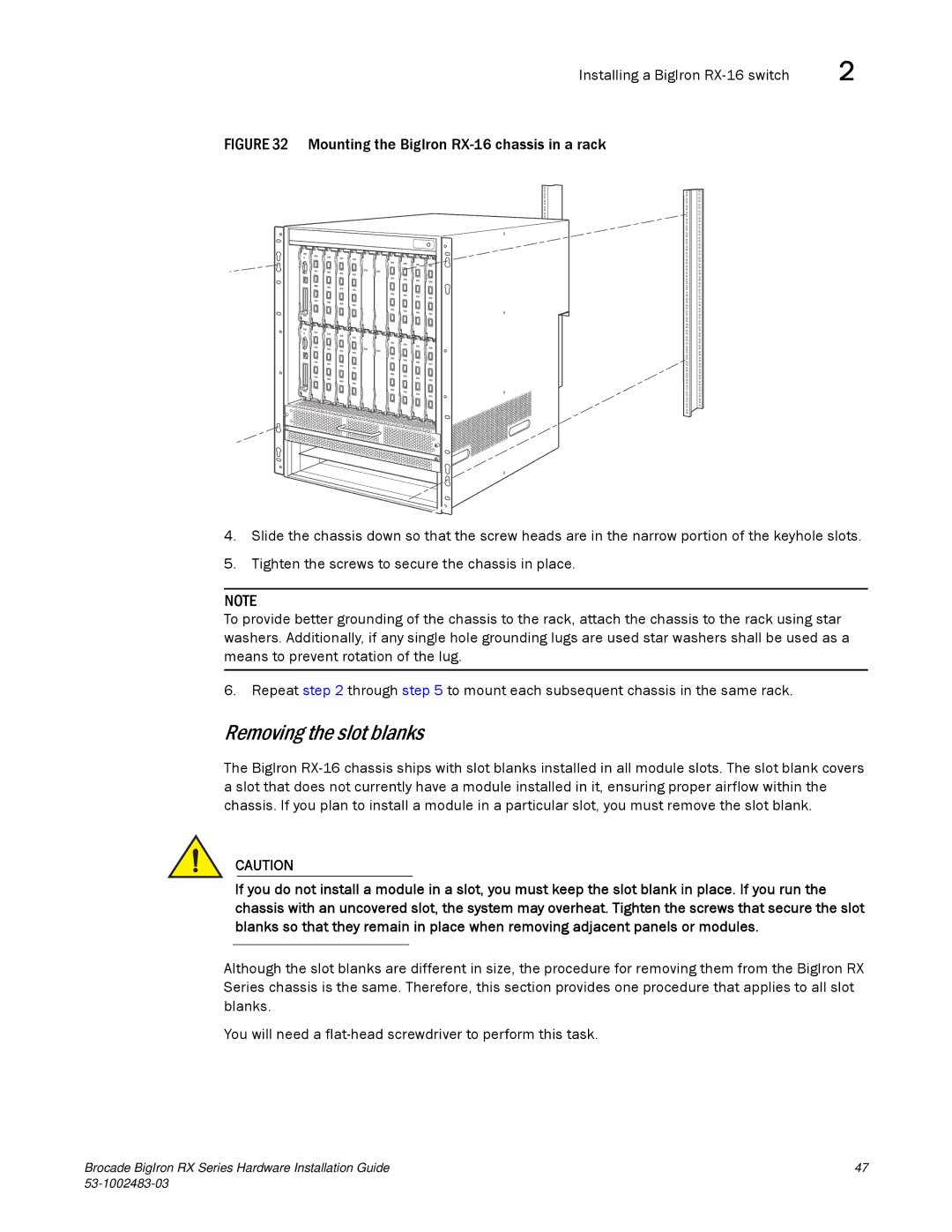 Brocade Communications Systems S3-1002483-03 manual Removing the slot blanks 