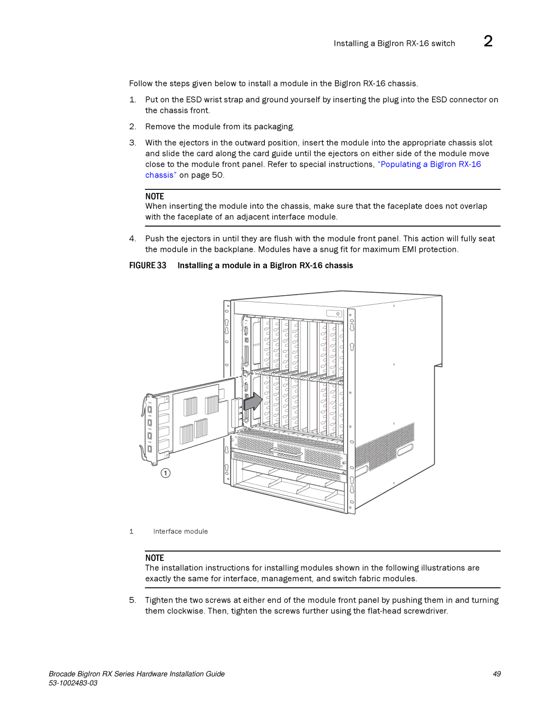 Brocade Communications Systems S3-1002483-03 manual Installing a module in a BigIron RX-16 chassis 