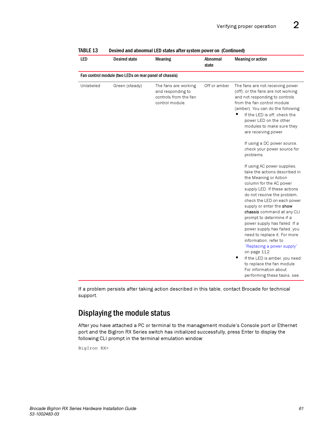 Brocade Communications Systems S3-1002483-03 manual Displaying the module status, Replacing a power supply 