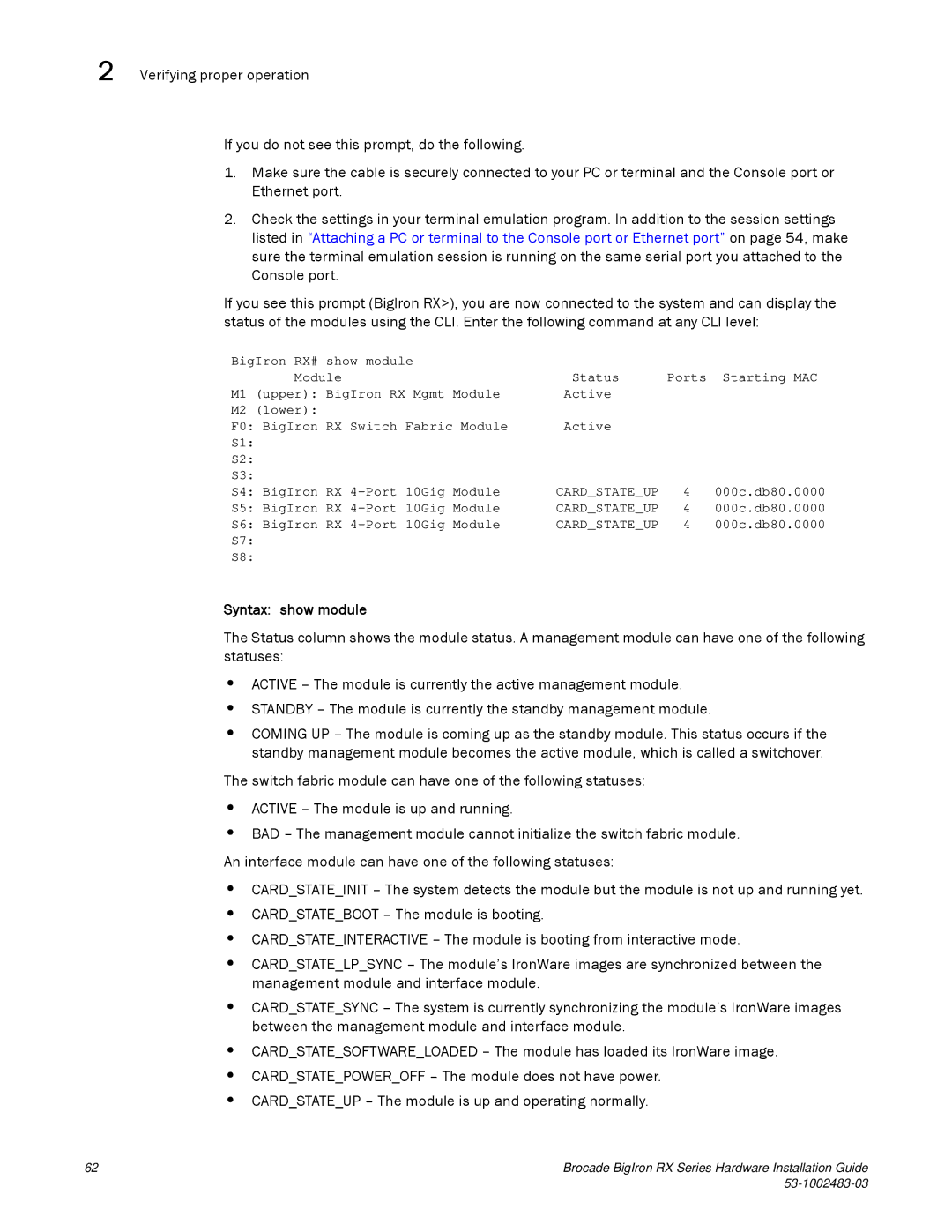 Brocade Communications Systems S3-1002483-03 manual Syntax show module 