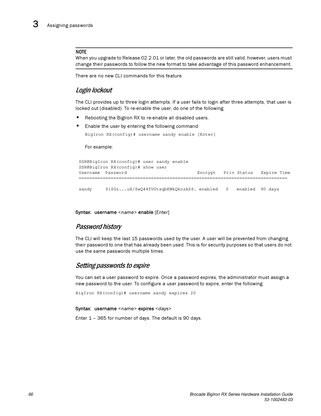 Brocade Communications Systems S3-1002483-03 manual Login lockout, Password history, Setting passwords to expire 