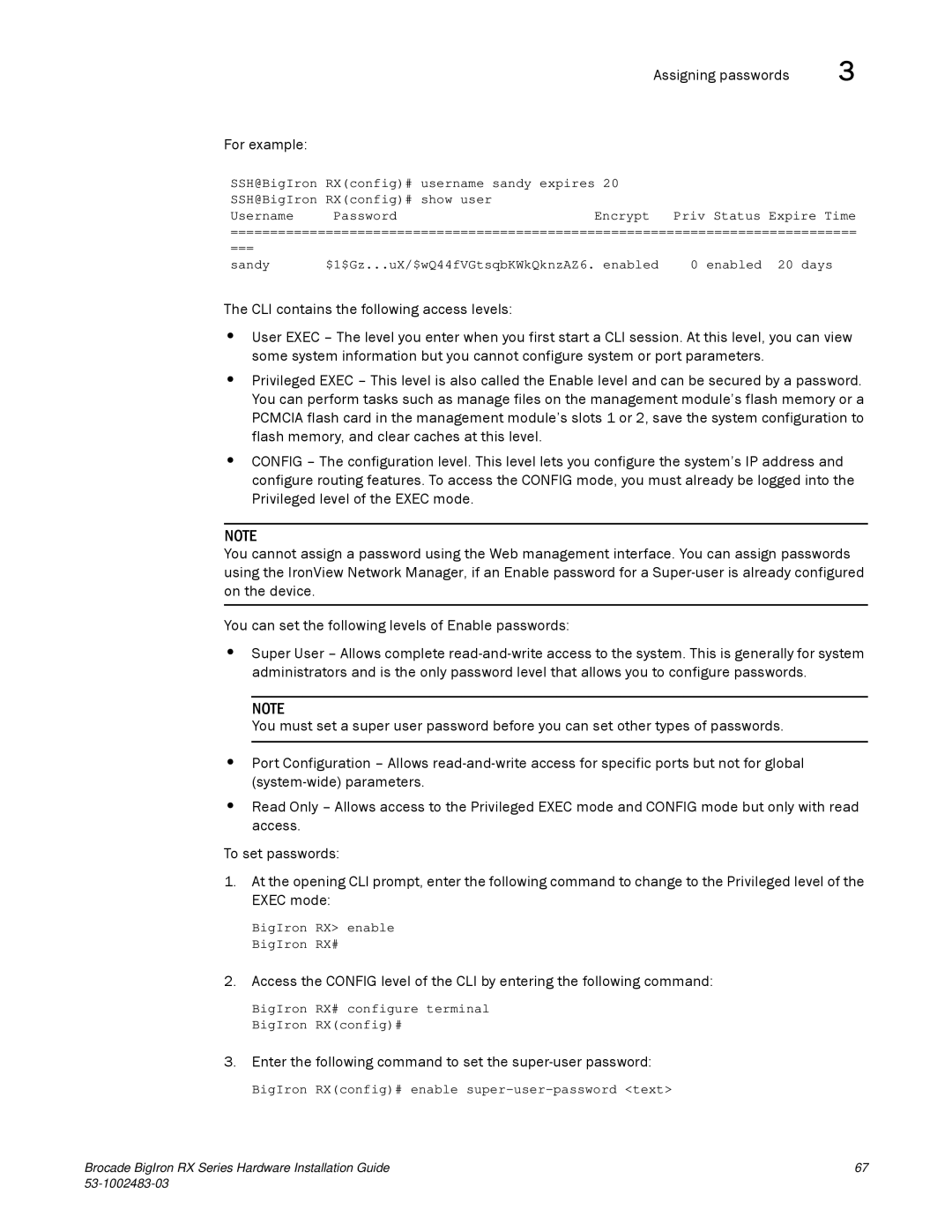 Brocade Communications Systems S3-1002483-03 manual Assigning passwords For example 