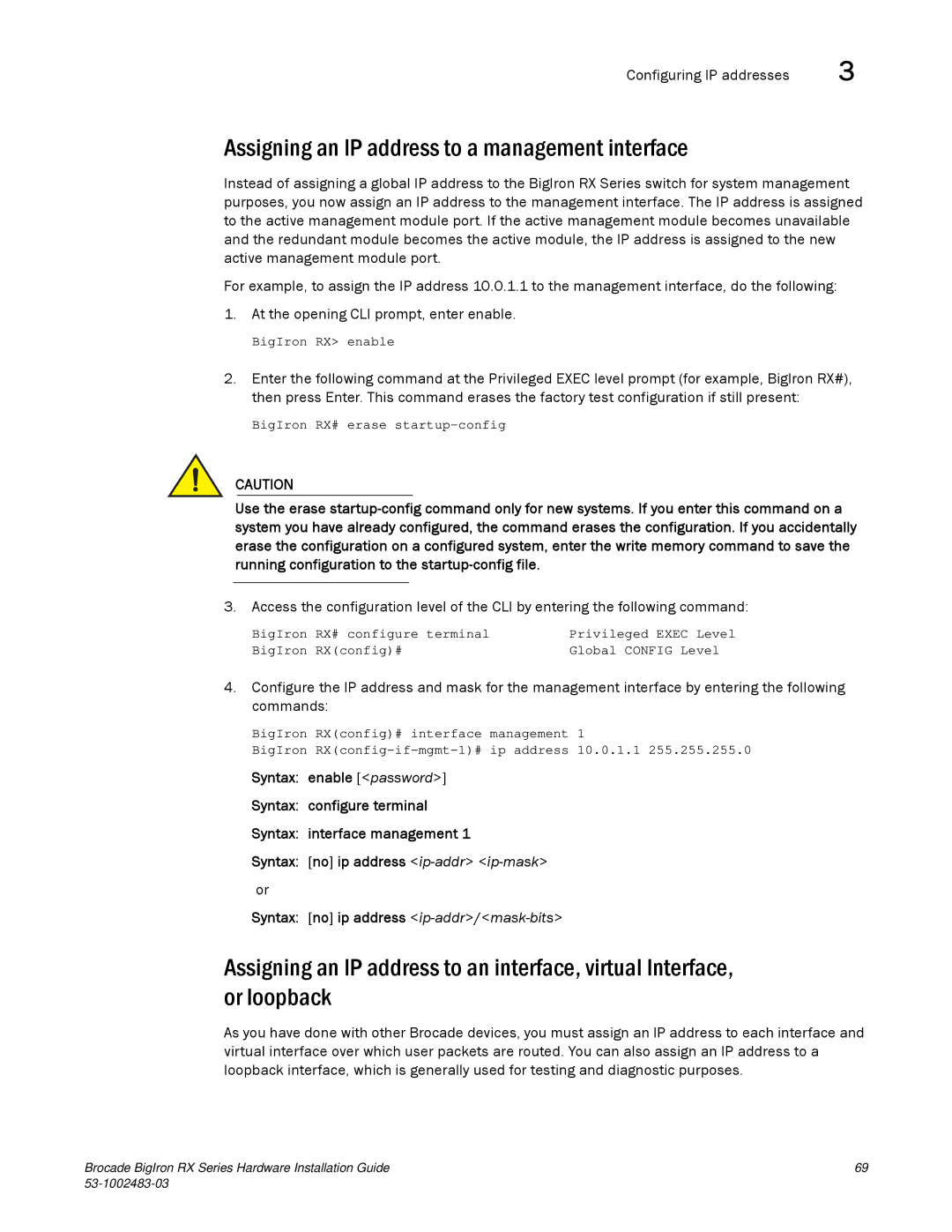 Brocade Communications Systems S3-1002483-03 Assigning an IP address to a management interface, Configuring IP addresses 