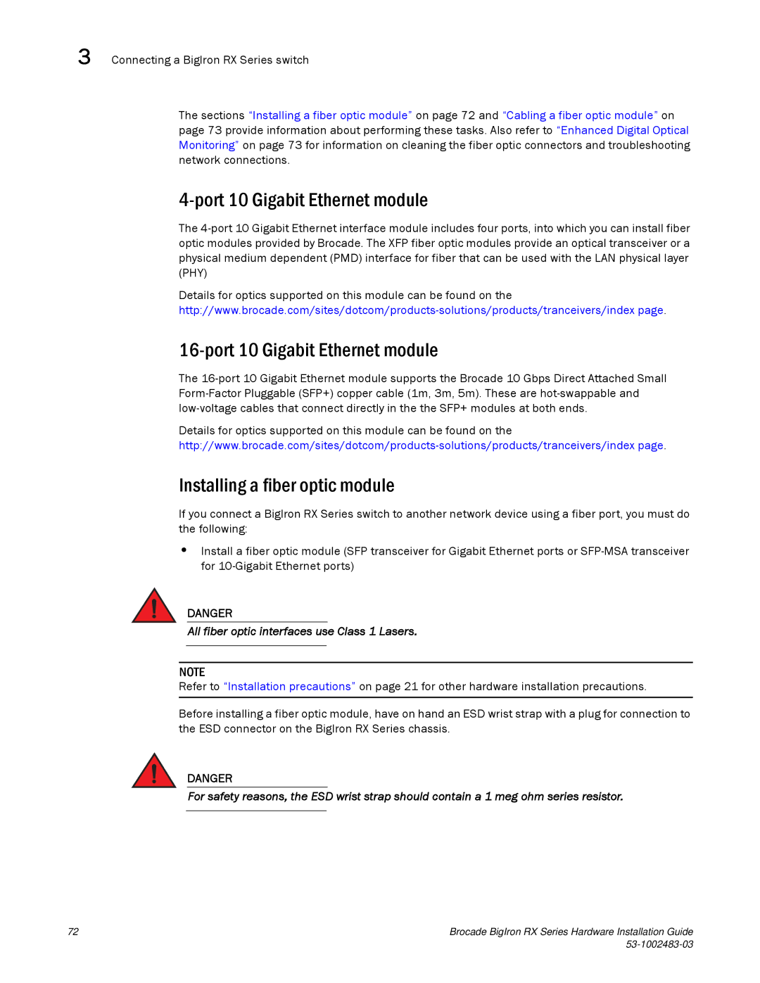 Brocade Communications Systems S3-1002483-03 manual Installing a fiber optic module, Connecting a BigIron RX Series switch 