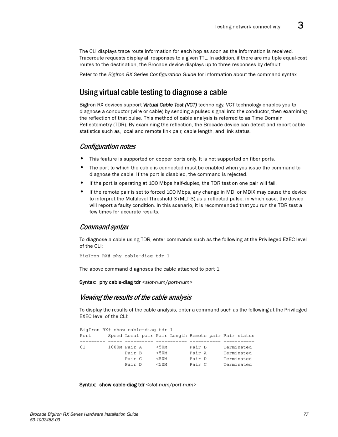 Brocade Communications Systems S3-1002483-03 manual Using virtual cable testing to diagnose a cable, Configuration notes 