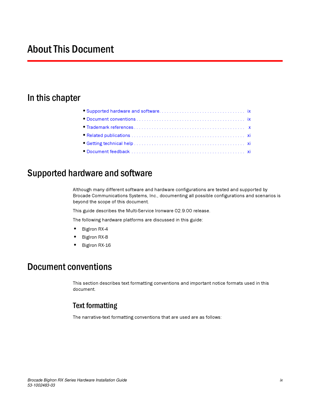 Brocade Communications Systems S3-1002483-03 manual This chapter, Supported hardware and software, Document conventions 