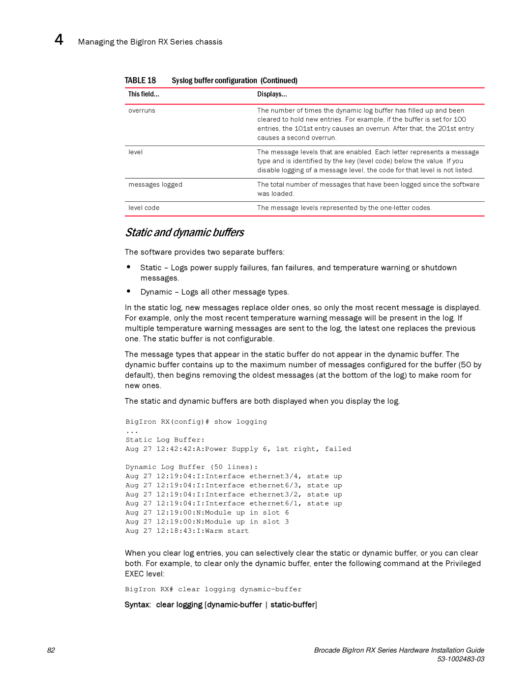 Brocade Communications Systems S3-1002483-03 Static and dynamic buffers, Syntax clear logging dynamic-buffer static-buffer 