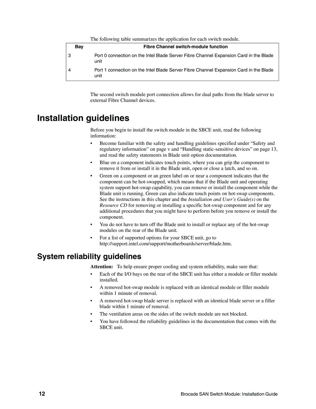 Brocade Communications Systems SBCEBFCSW manual Installation guidelines, Bay Fibre Channel switch-module function 