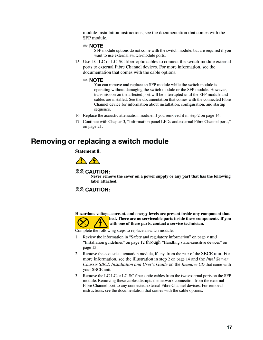 Brocade Communications Systems SBCEBFCSW manual Removing or replacing a switch module 