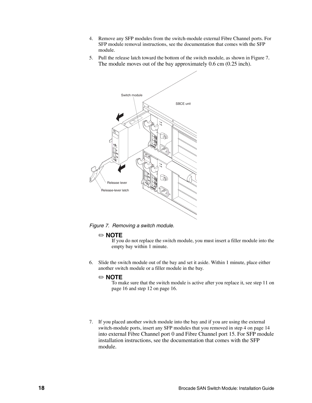 Brocade Communications Systems SBCEBFCSW manual Removing a switch module 