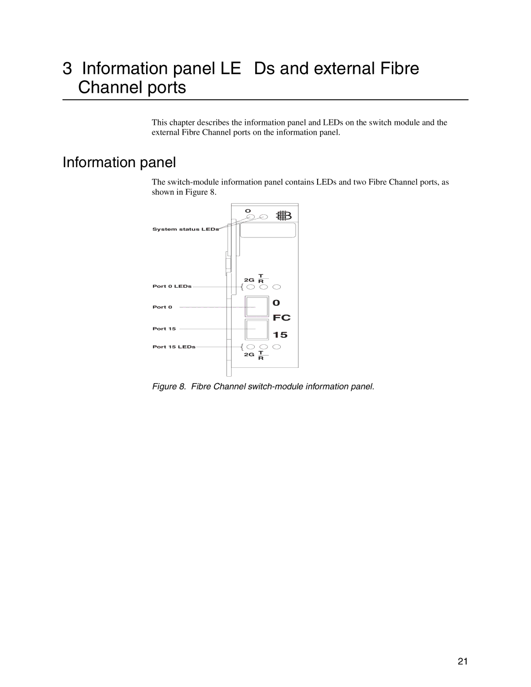 Brocade Communications Systems SBCEBFCSW manual Information panel LEDs and external Fibre Channel ports 