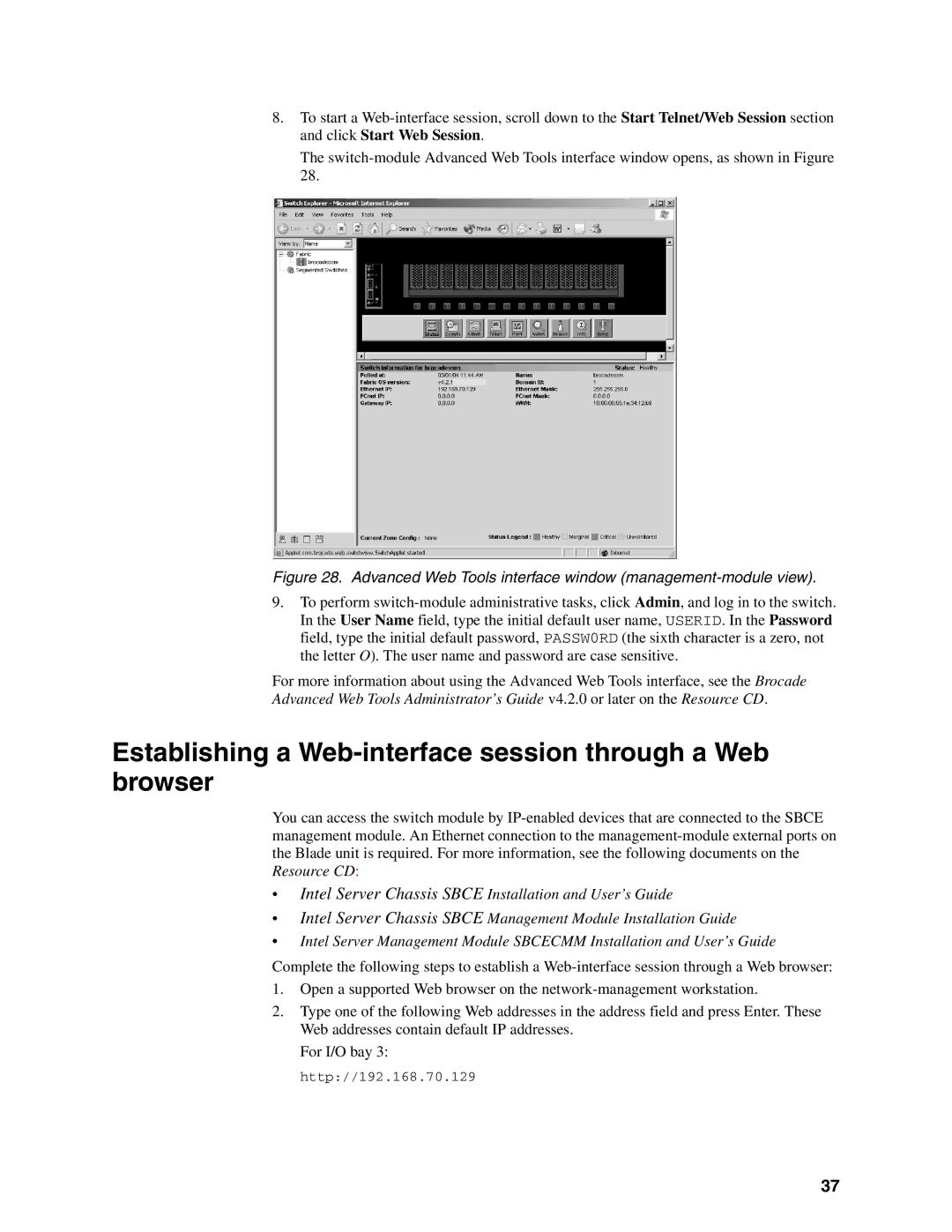 Brocade Communications Systems SBCEBFCSW manual Establishing a Web-interface session through a Web browser 