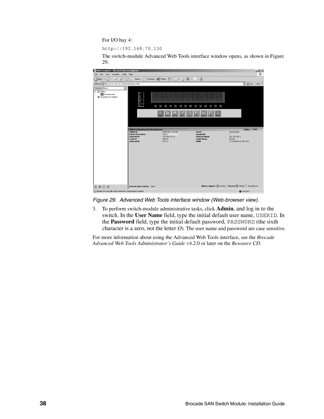 Brocade Communications Systems SBCEBFCSW manual Advanced Web Tools interface window Web-browser view 