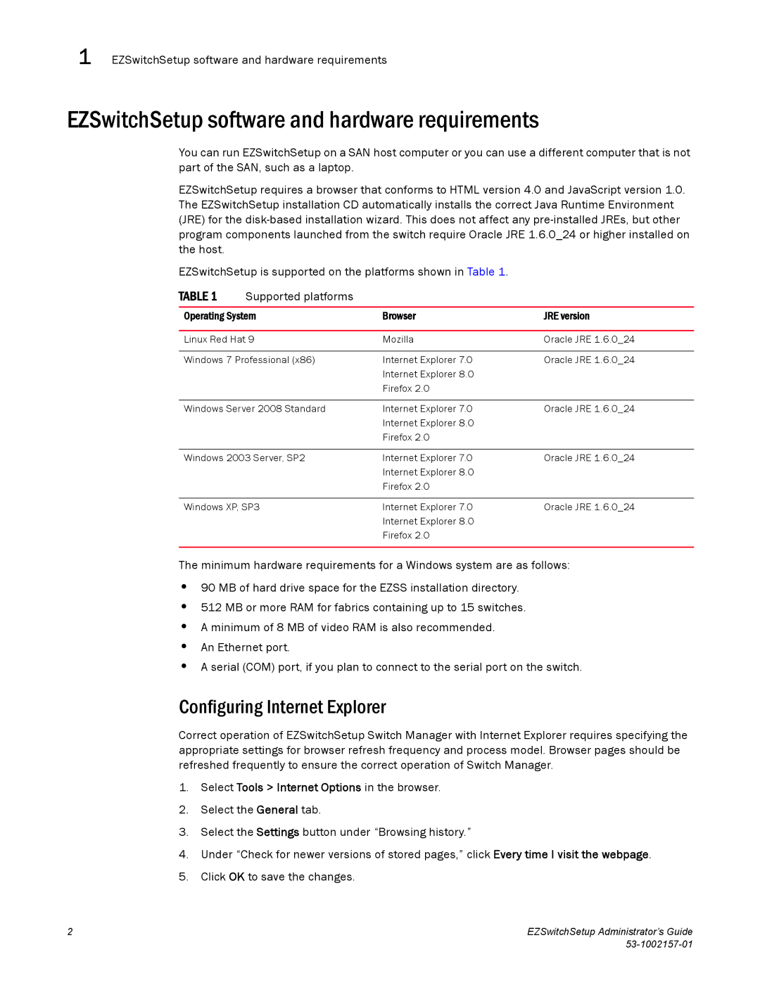 Brocade Communications Systems VA-40FC EZSwitchSetup software and hardware requirements, Configuring Internet Explorer 