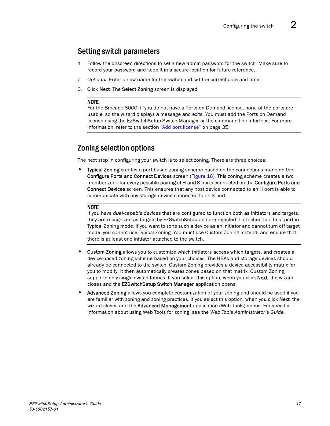 Brocade Communications Systems 800, VA-40FC, 6510, 4900, 4100, 5100, 300 Setting switch parameters, Zoning selection options 