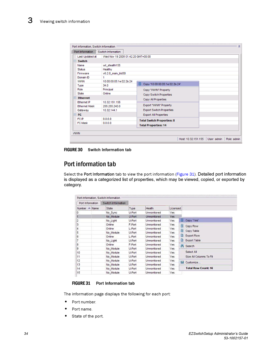 Brocade Communications Systems 4100, VA-40FC, 800, 6510, 4900, 5100, 300 manual Port information tab, Switch Information tab 