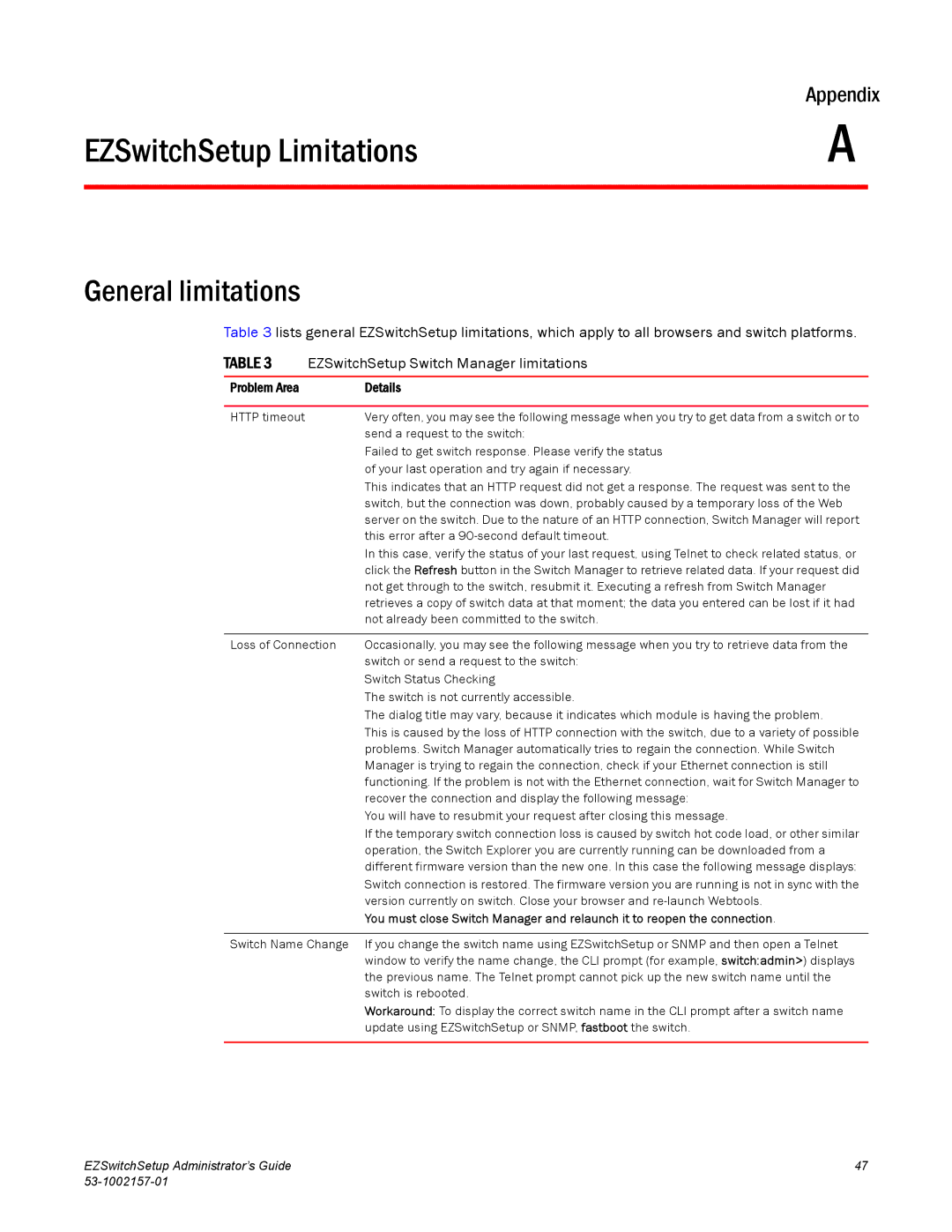 Brocade Communications Systems 4900, VA-40FC, 800, 6510, 4100, 5100, 300 manual EZSwitchSetup Limitations, General limitations 