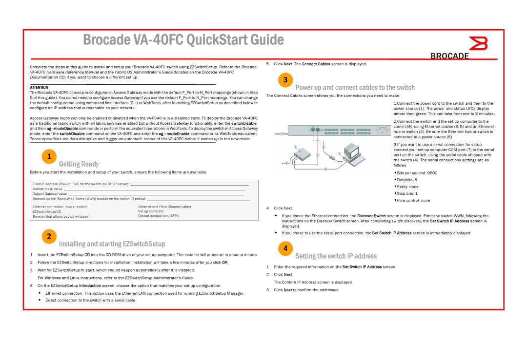 Brocade Communications Systems VA-40FC quick start Getting Ready, Installing and starting EZSwitchSetup 