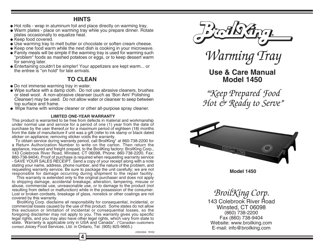 Broil King 1450 warranty Hints, To Clean 