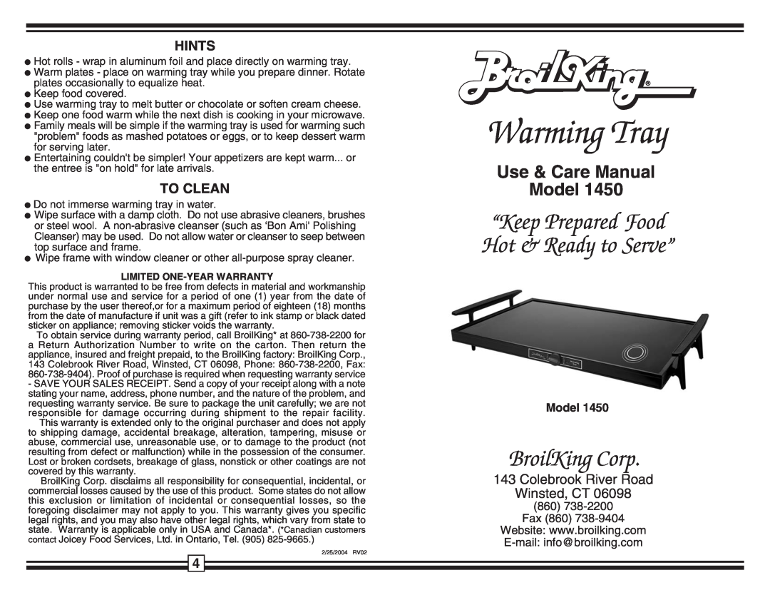 Broil King 1450 warranty Hints, To Clean, Warming Tray, BroilKing Corp, “Keep Prepared Food Hot & Ready to Serve”, Model 