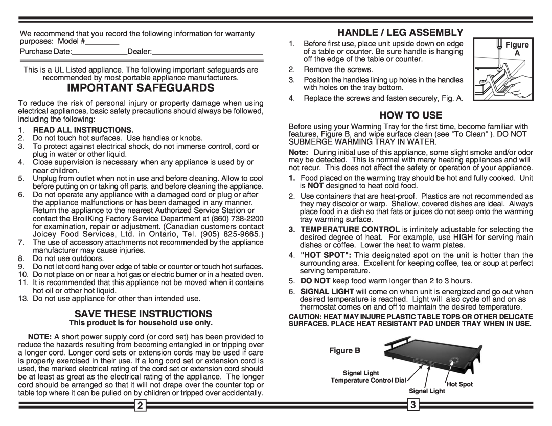 Broil King 1450 Save These Instructions, Handle / Leg Assembly, How To Use, Important Safeguards, Read All Instructions 