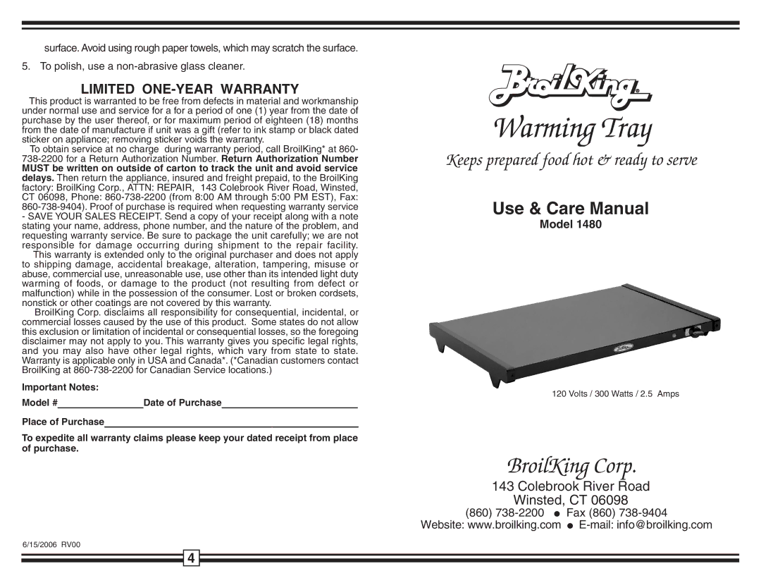 Broil King 1480 warranty Warming Tray 