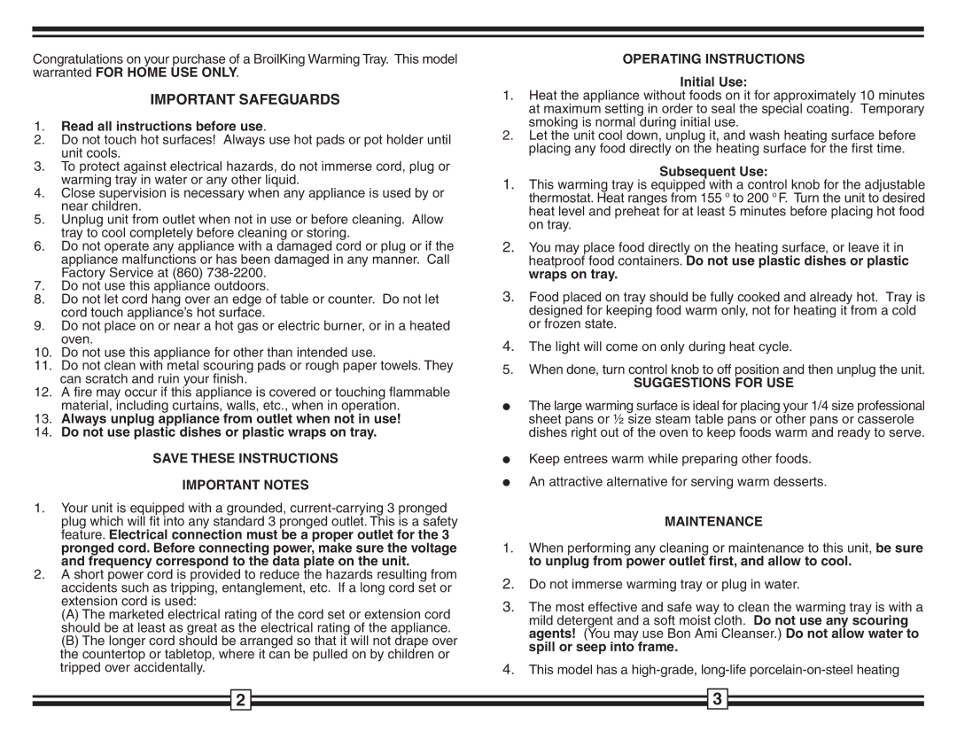 Broil King 1480 warranty Important Notes, Operating Instructions, Suggestions for USE, Maintenance 