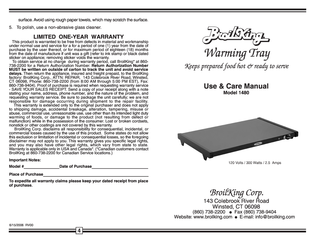 Broil King 1480 warranty Limited One-Yearwarranty, Warming Tray, BroilKing Corp, Use & Care Manual, l Fax, Model # 