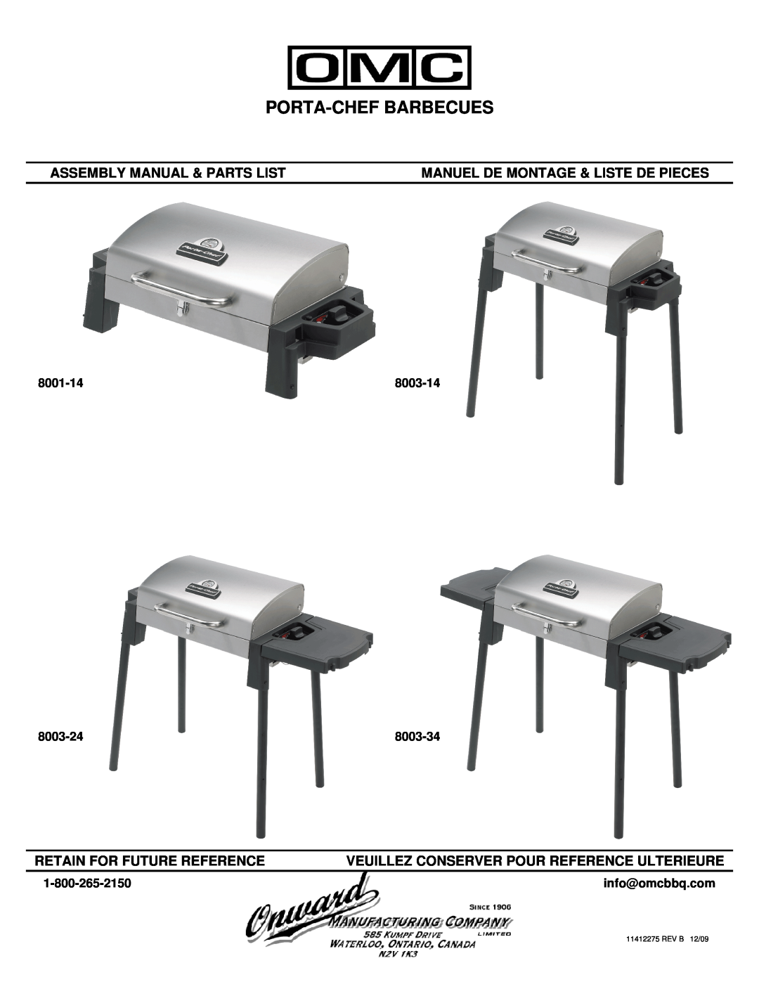 Broil King 8003-14 manual 8001-14, 8003-24, 8003-34, info@omcbbq.com, Porta-Chef Barbecues, Assembly Manual & Parts List 