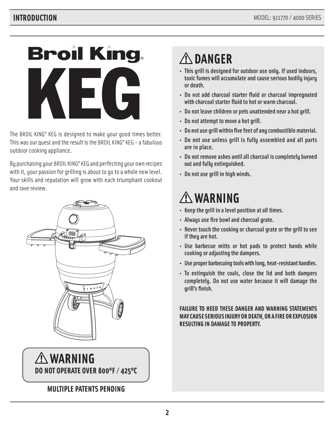 Broil King 911770 / 4000 SERIES manual Introduction, Multiple Patents Pending 