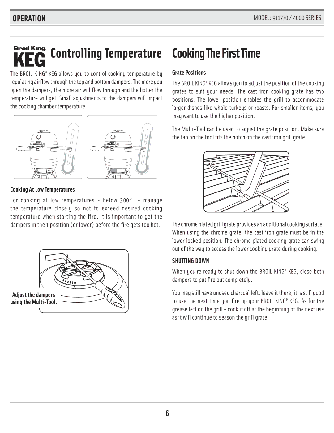 Broil King 911770 / 4000 SERIES manual CookingTheFirstTime, Operation, Cooking At Low Temperatures, Grate Positions 