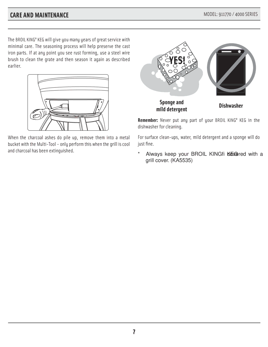 Broil King 911770 / 4000 SERIES manual Care and Maintenance, Dishwasher for cleaning 