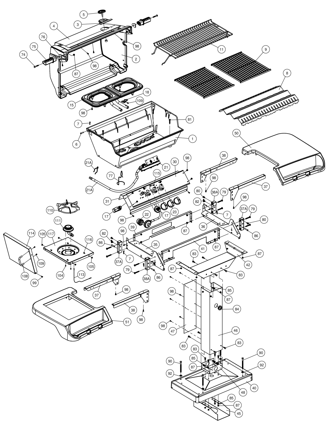 Broil King 946-28 manual 109 21A 115 110 111 114 105 117 116 37A 113 108 104 38A 119 