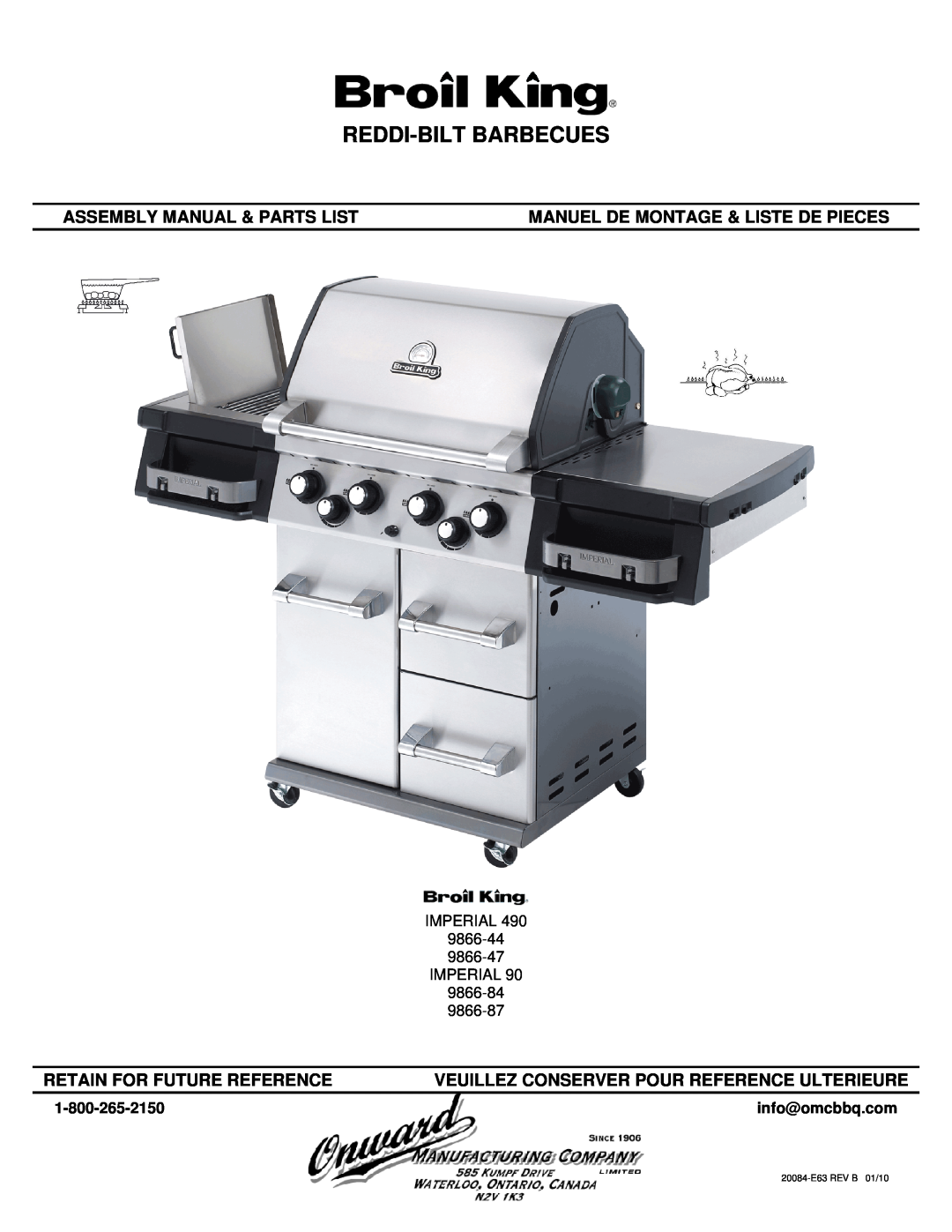 Broil King 9866-44 manual info@omcbbq.com, Reddi-Bilt Barbecues, Assembly Manual & Parts List, Retain For Future Reference 
