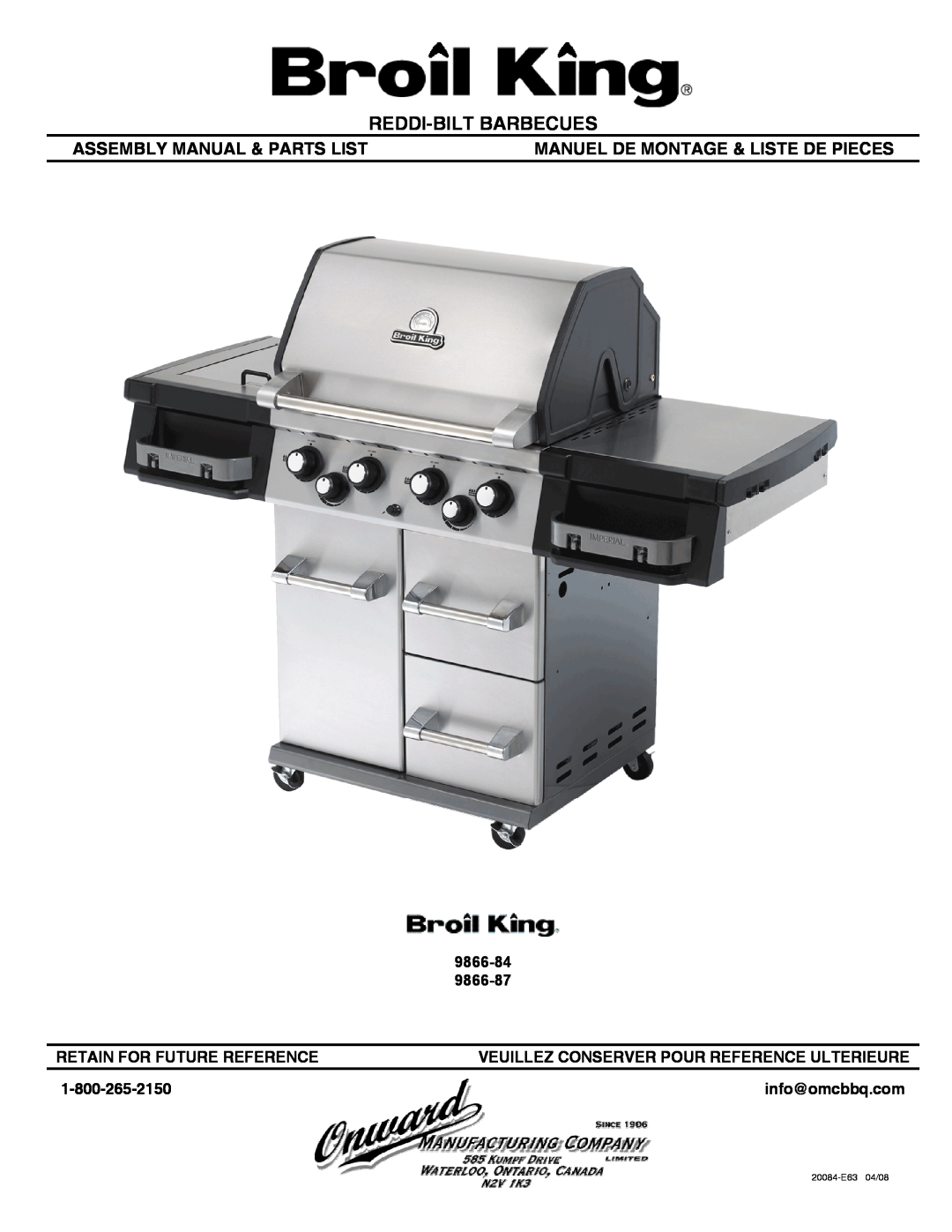 Broil King manual 9866-84 9866-87, Retain For Future Reference, Veuillez Conserver Pour Reference Ulterieure 
