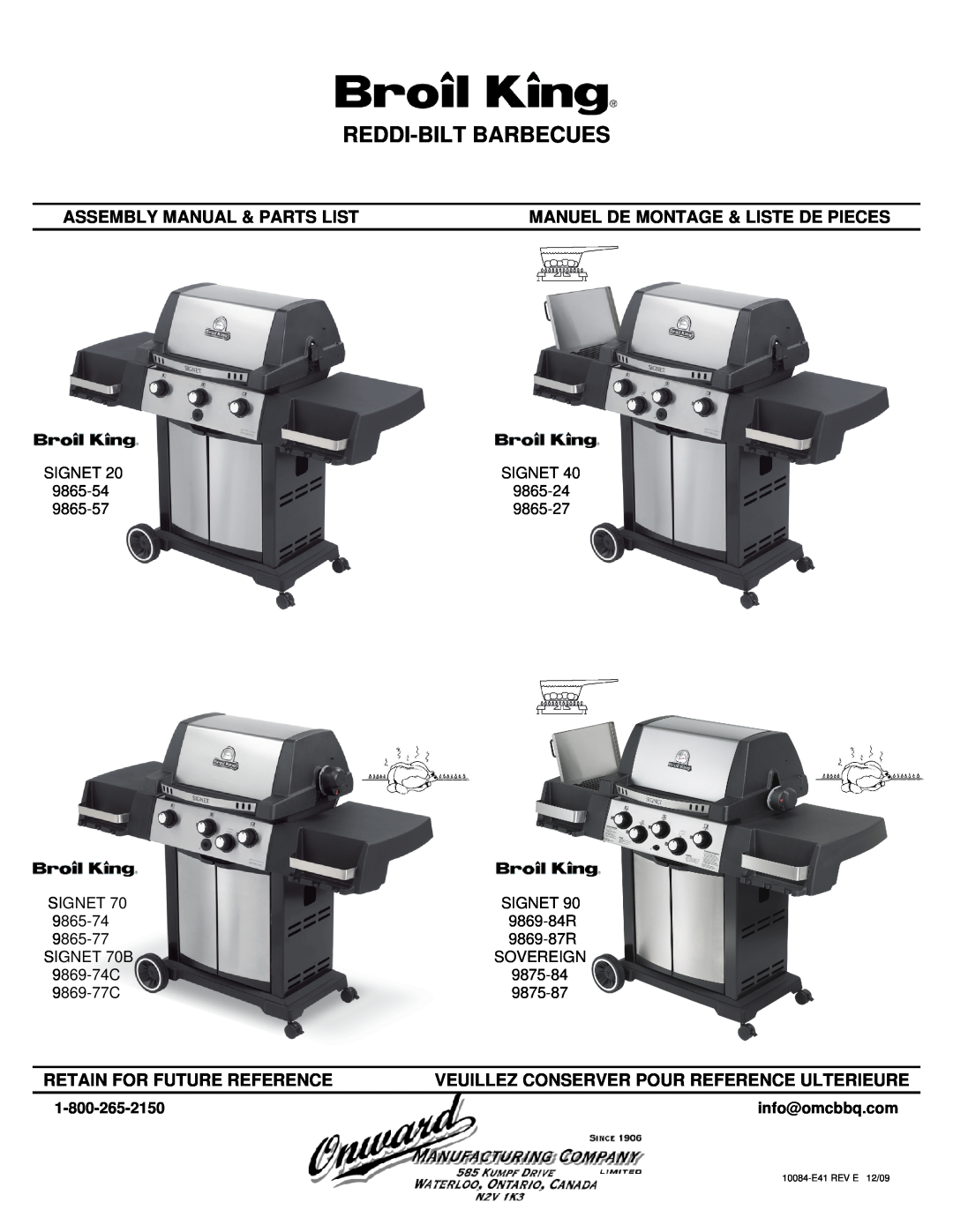 Broil King 9865-57 manual info@omcbbq.com, Reddi-Bilt Barbecues, Assembly Manual & Parts List, Retain For Future Reference 