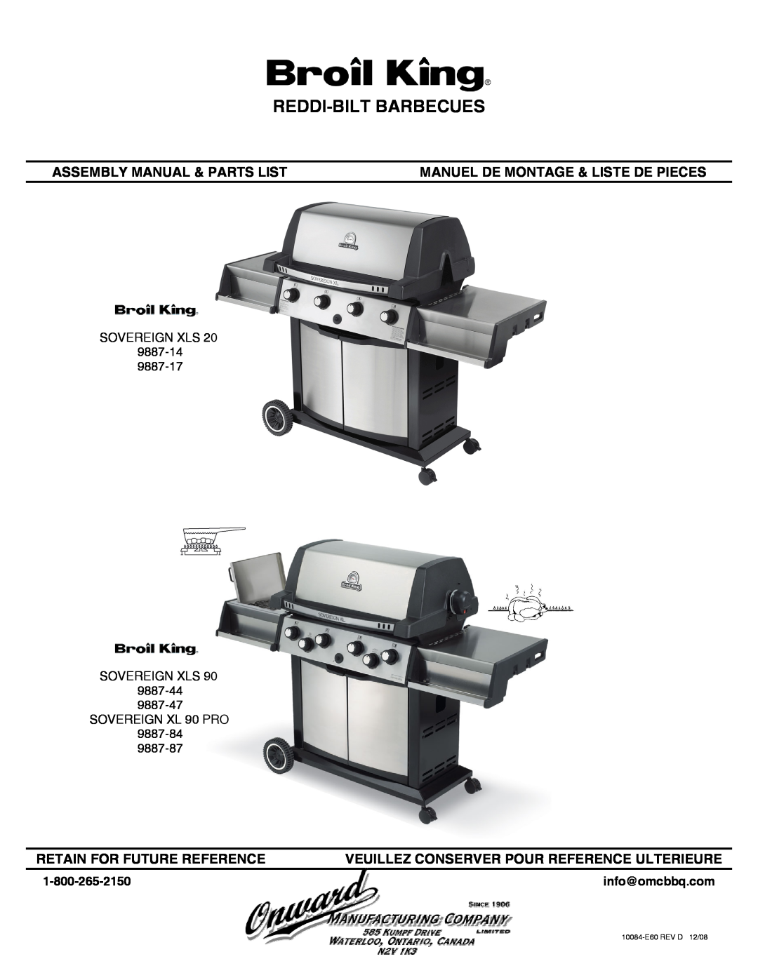 Broil King 9887-44 manual info@omcbbq.com, Reddi-Bilt Barbecues, Assembly Manual & Parts List, Retain For Future Reference 