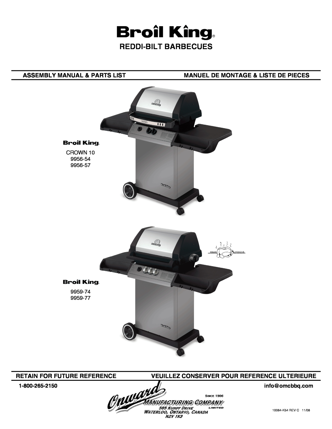 Broil King 9956-57 manual info@omcbbq.com, Reddi-Bilt Barbecues, Assembly Manual & Parts List, Retain For Future Reference 