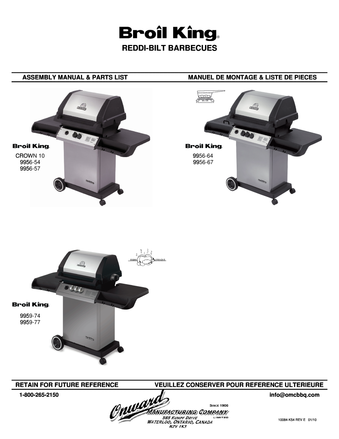 Broil King 9956-57 manual info@omcbbq.com, Reddi-Bilt Barbecues, Assembly Manual & Parts List, Retain For Future Reference 