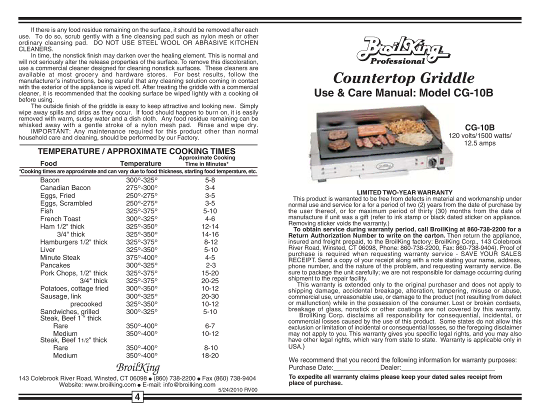 Broil King CG-10B warranty Temperature / Approximate Cooking Times, Food Temperature 